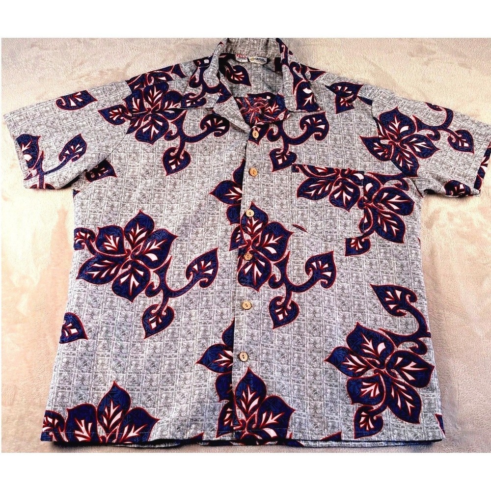 Stitch Hawaiian Mens Shirt Size L Tropical Button Up Grey Navy Blue Hibiscus